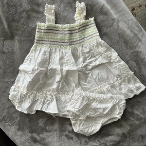 Baby Gap White Rouched Dress with Stripe Detail & Matching Bloomers Sz 0-3 mos